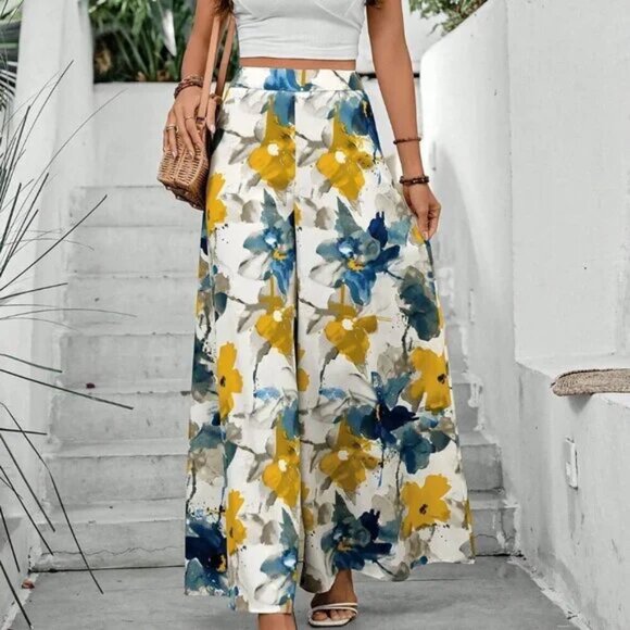 White Boho Women's Floral Print Super Wide-Leg Pants - Picture 1 of 5